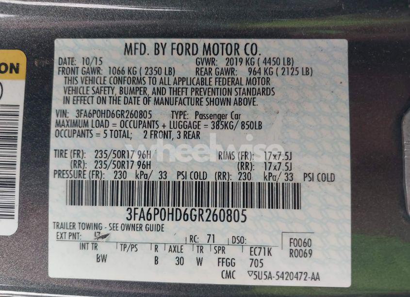 Photo 9 of 2016 Ford Fusion SE (VIN 3FA6P0HD6GR260805)