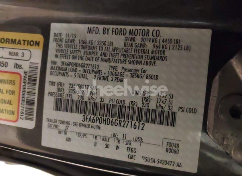 Photo 9 of 2016 Ford Fusion SE (VIN 3FA6P0HD6GR271612)