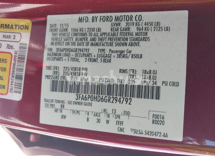 Photo 9 of 2016 Ford Fusion SE (VIN 3FA6P0HD6GR294792)