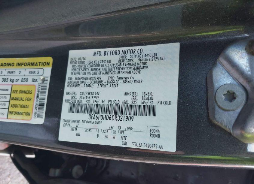 Photo 9 of 2016 Ford Fusion SE (VIN 3FA6P0HD6GR321909)