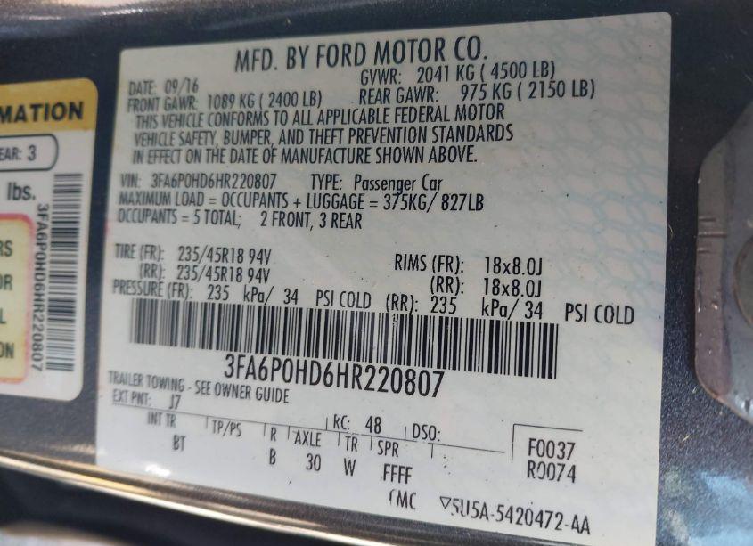 Photo 9 of 2017 Ford Fusion SE (VIN 3FA6P0HD6HR220807)