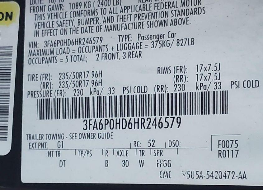 Photo 9 of 2017 Ford Fusion SE (VIN 3FA6P0HD6HR246579)