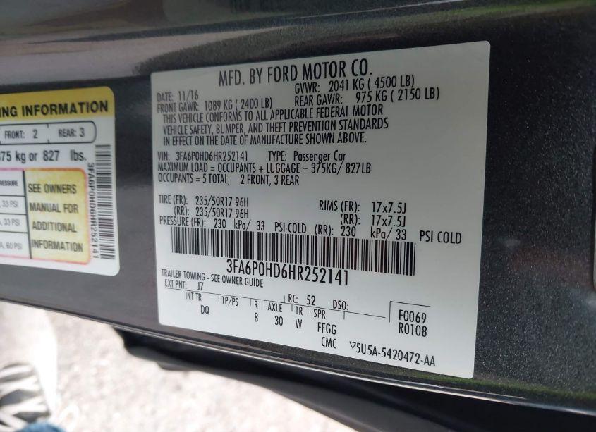 Photo 9 of 2017 Ford Fusion SE (VIN 3FA6P0HD6HR252141)