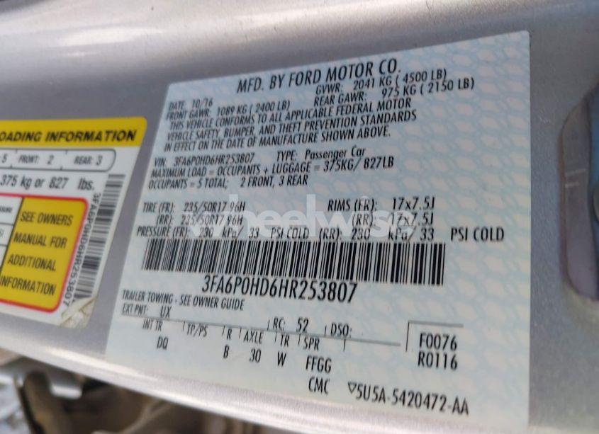 Photo 9 of 2017 Ford Fusion SE (VIN 3FA6P0HD6HR253807)