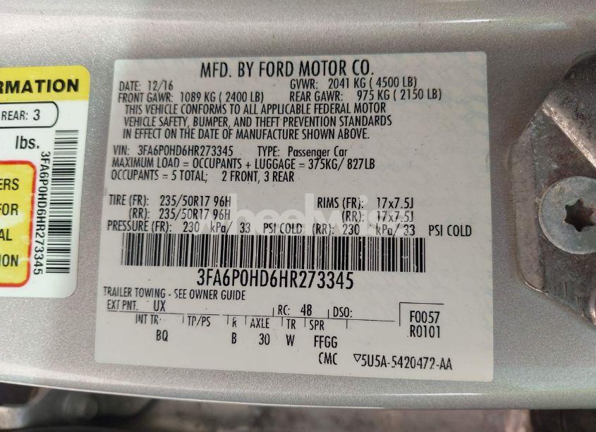 Photo 9 of 2017 Ford Fusion SE (VIN 3FA6P0HD6HR273345)