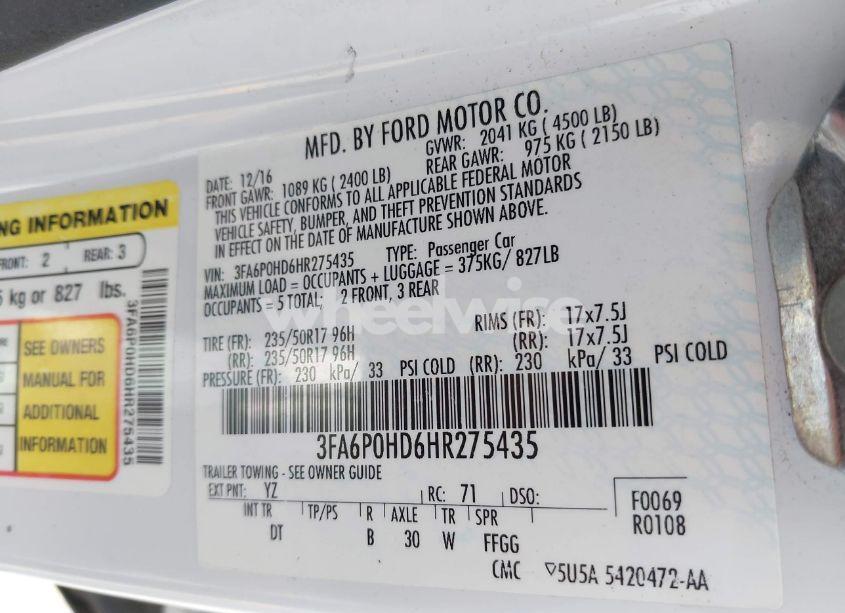 Photo 9 of 2017 Ford Fusion SE (VIN 3FA6P0HD6HR275435)