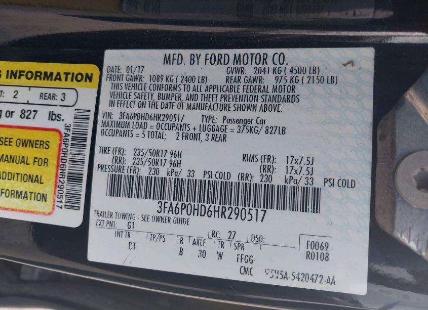 Photo 9 of 2017 Ford Fusion SE (VIN 3FA6P0HD6HR290517)