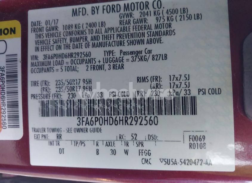 Photo 8 of 2017 Ford Fusion SE (VIN 3FA6P0HD6HR292560)