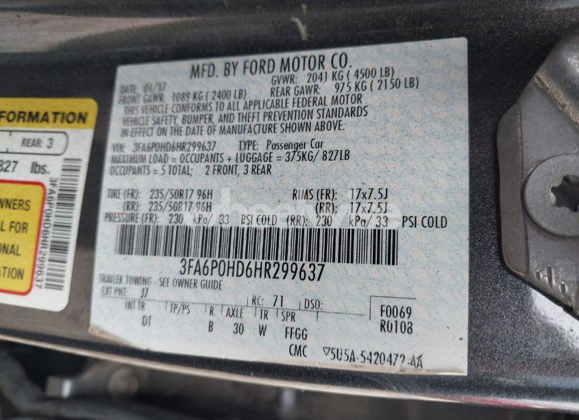 Photo 9 of 2017 Ford Fusion SE (VIN 3FA6P0HD6HR299637)