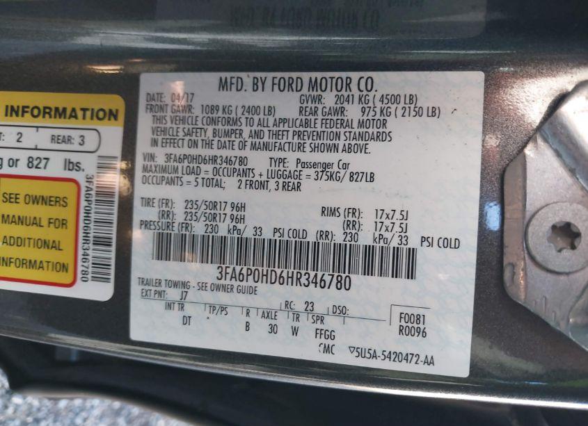 Photo 9 of 2017 Ford Fusion SE (VIN 3FA6P0HD6HR346780)