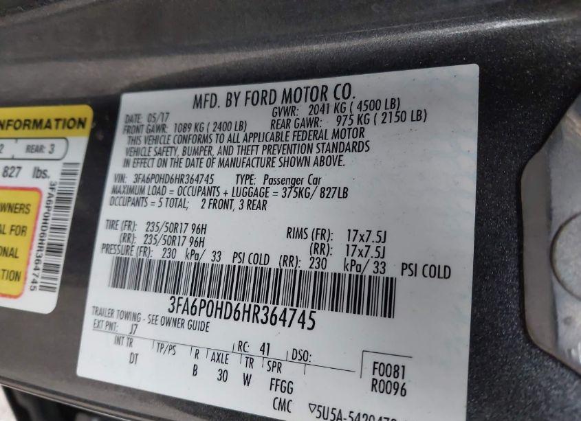 Photo 9 of 2017 Ford Fusion SE (VIN 3FA6P0HD6HR364745)