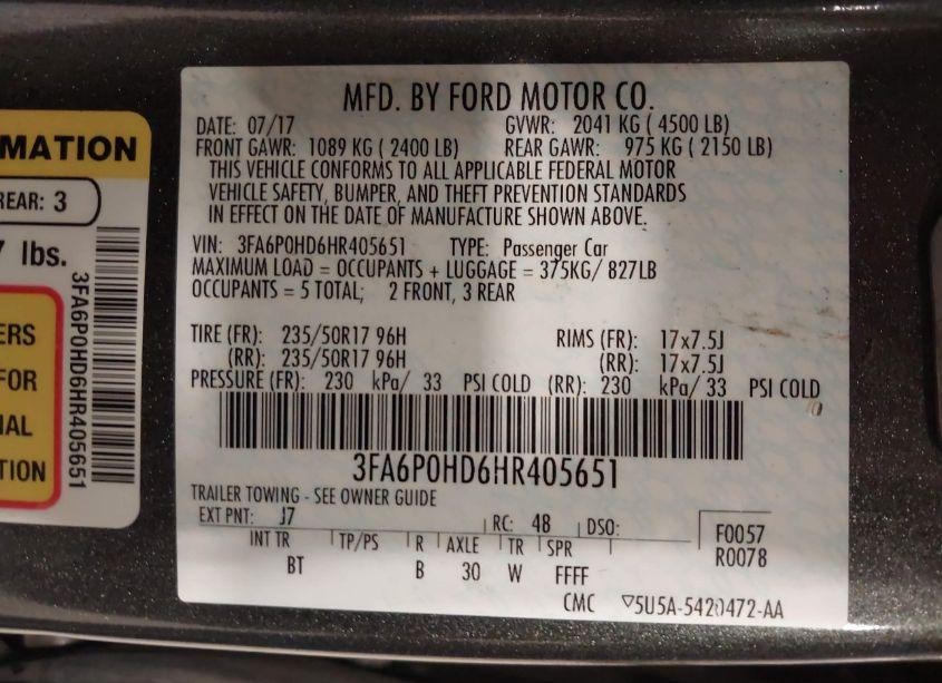 Photo 9 of 2017 Ford Fusion SE (VIN 3FA6P0HD6HR405651)