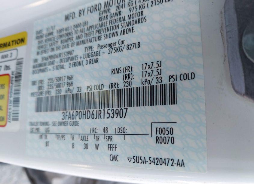 Photo 9 of 2018 Ford Fusion SE (VIN 3FA6P0HD6JR153907)