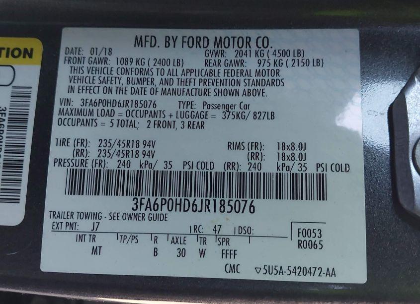 Photo 9 of 2018 Ford Fusion SE (VIN 3FA6P0HD6JR185076)