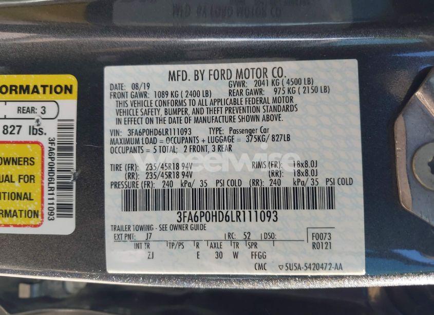 Photo 9 of 2020 Ford Fusion SE (VIN 3FA6P0HD6LR111093)