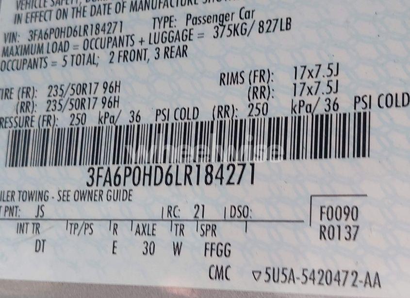 Photo 9 of 2020 Ford Fusion SE (VIN 3FA6P0HD6LR184271)