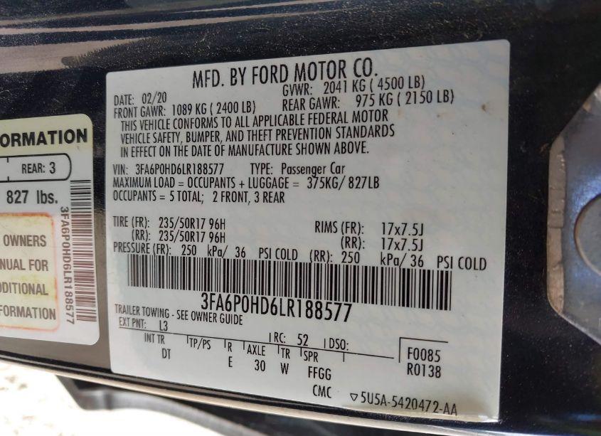 Photo 9 of 2020 Ford Fusion SE (VIN 3FA6P0HD6LR188577)