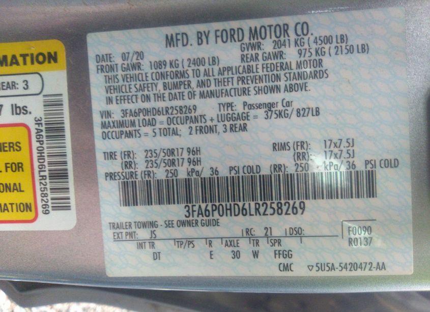 Photo 9 of 2020 Ford Fusion SE (VIN 3FA6P0HD6LR258269)