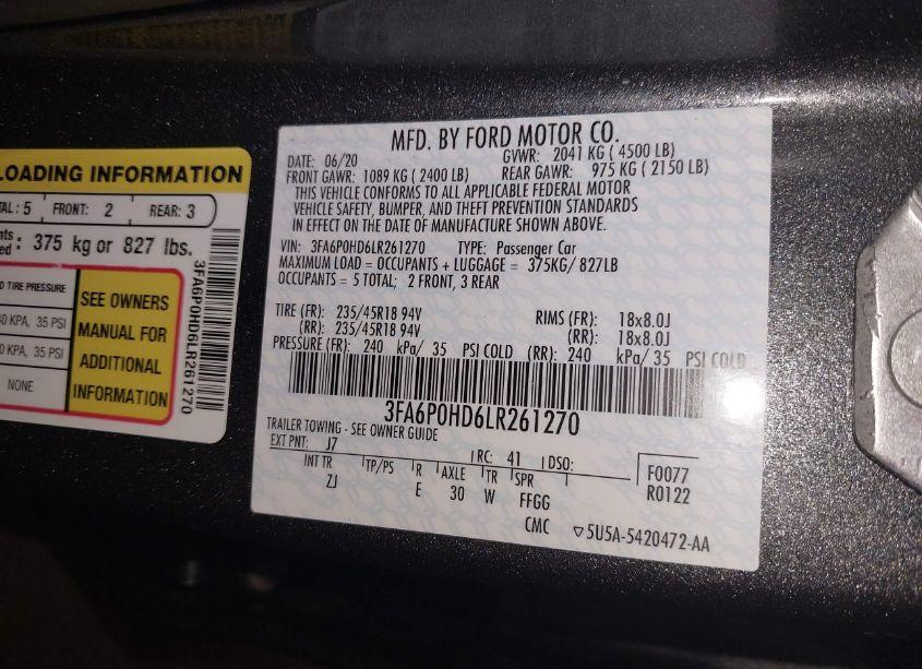 Photo 9 of 2020 Ford Fusion SE (VIN 3FA6P0HD6LR261270)