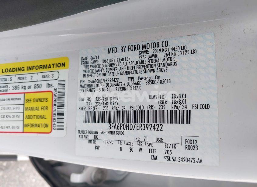 Photo 9 of 2014 Ford Fusion SE (VIN 3FA6P0HD7ER392422)