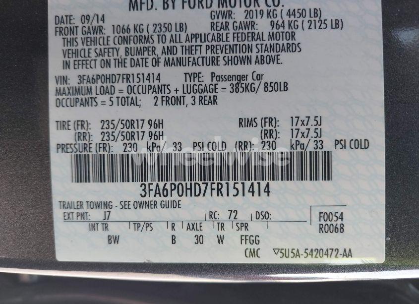 Photo 9 of 2015 Ford Fusion SE (VIN 3FA6P0HD7FR151414)