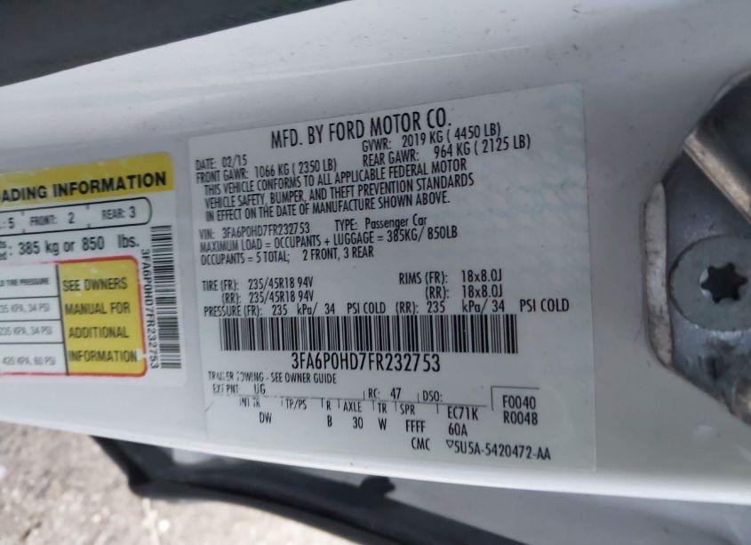 Photo 9 of 2015 Ford Fusion SE (VIN 3FA6P0HD7FR232753)