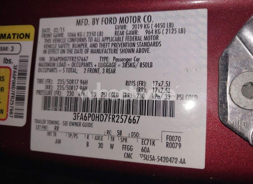 Photo 9 of 2015 Ford Fusion SE (VIN 3FA6P0HD7FR257667)