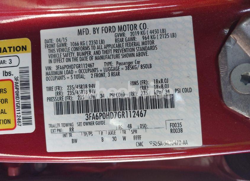 Photo 9 of 2016 Ford Fusion SE (VIN 3FA6P0HD7GR112467)