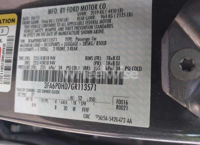 Photo 9 of 2016 Ford Fusion SE (VIN 3FA6P0HD7GR113571)