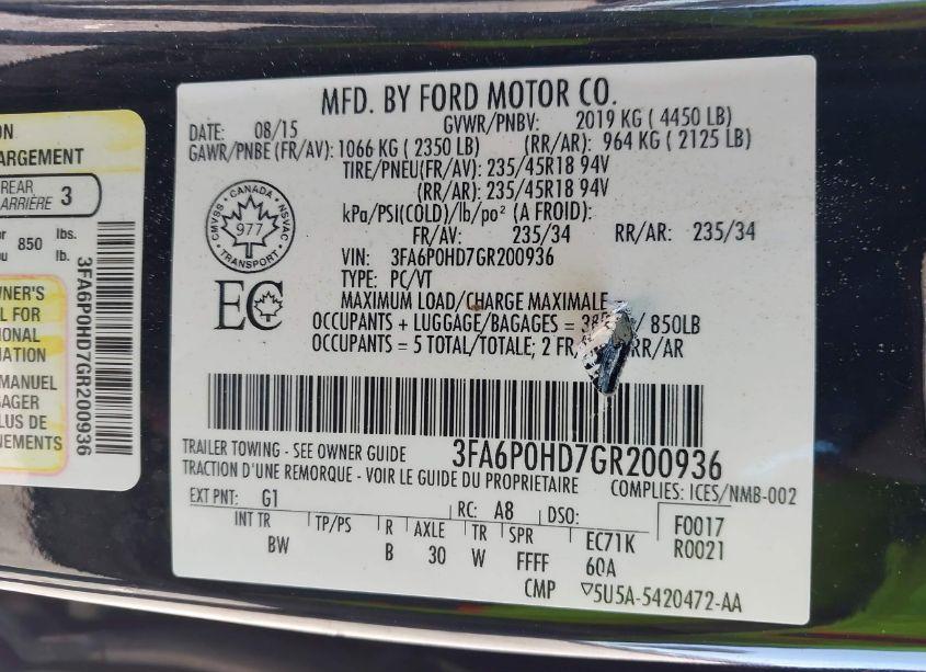 Photo 9 of 2016 Ford Fusion SE (VIN 3FA6P0HD7GR200936)