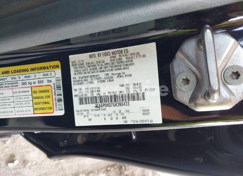 Photo 9 of 2016 Ford Fusion SE (VIN 3FA6P0HD7GR280433)