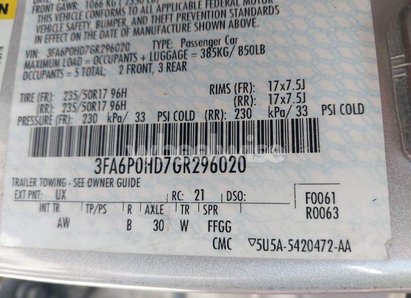 Photo 9 of 2016 Ford Fusion SE (VIN 3FA6P0HD7GR296020)