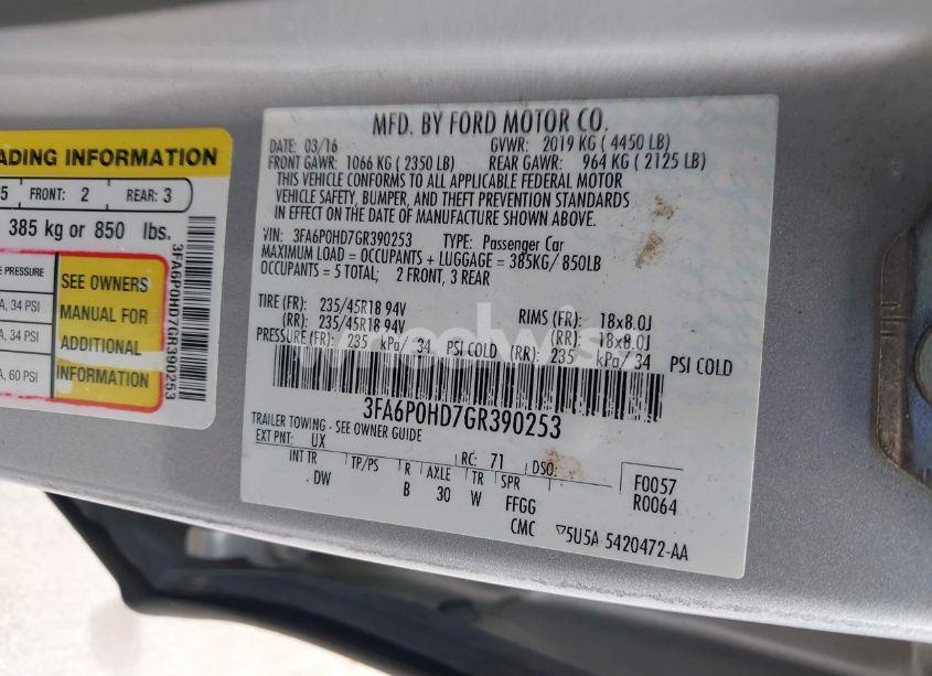 Photo 9 of 2016 Ford Fusion SE (VIN 3FA6P0HD7GR390253)