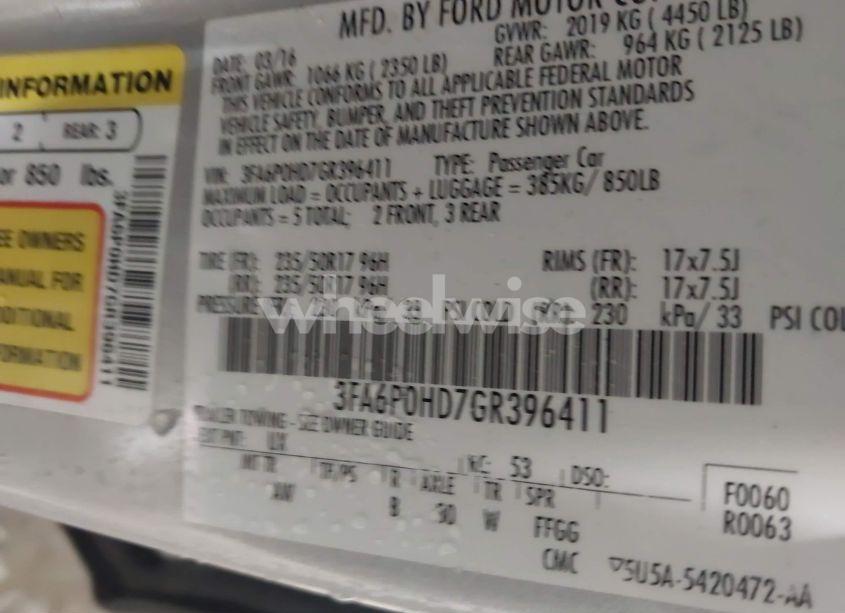 Photo 9 of 2016 Ford Fusion SE (VIN 3FA6P0HD7GR396411)