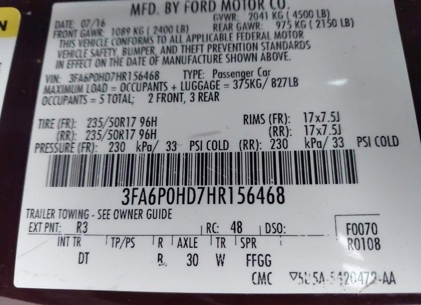 Photo 9 of 2017 Ford Fusion SE (VIN 3FA6P0HD7HR156468)