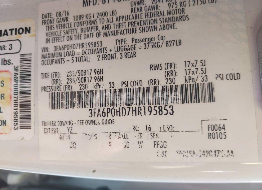 Photo 9 of 2017 Ford Fusion SE (VIN 3FA6P0HD7HR195853)