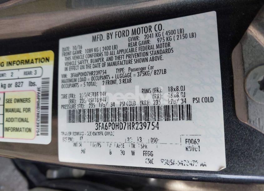 Photo 9 of 2017 Ford Fusion SE (VIN 3FA6P0HD7HR239754)