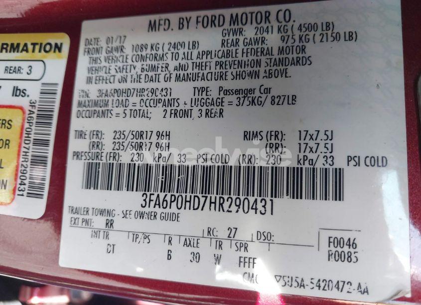 Photo 9 of 2017 Ford Fusion SE (VIN 3FA6P0HD7HR290431)