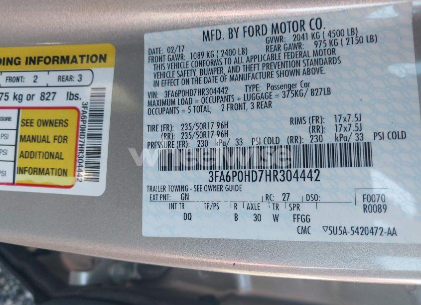 Photo 9 of 2017 Ford Fusion SE (VIN 3FA6P0HD7HR304442)