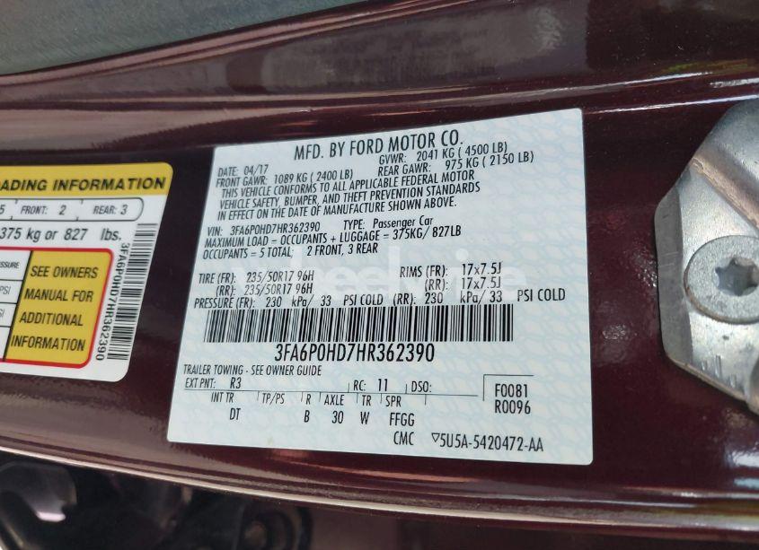 Photo 9 of 2017 Ford Fusion SE (VIN 3FA6P0HD7HR362390)