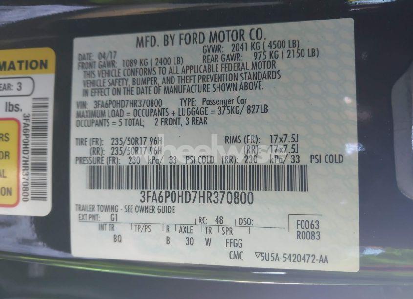 Photo 9 of 2017 Ford Fusion SE (VIN 3FA6P0HD7HR370800)