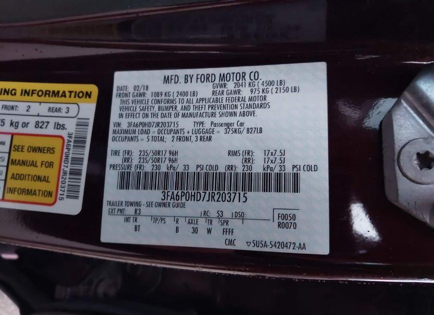 Photo 9 of 2018 Ford Fusion SE (VIN 3FA6P0HD7JR203715)