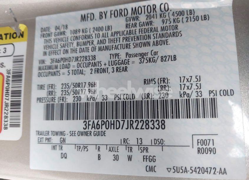 Photo 9 of 2018 Ford Fusion SE (VIN 3FA6P0HD7JR228338)