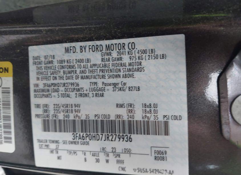 Photo 9 of 2018 Ford Fusion SE (VIN 3FA6P0HD7JR279936)