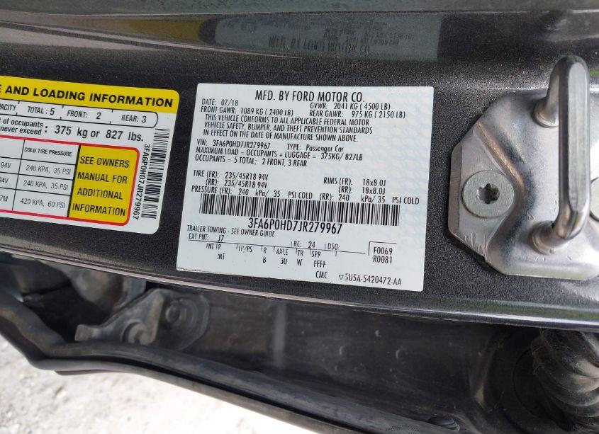 Photo 9 of 2018 Ford Fusion SE (VIN 3FA6P0HD7JR279967)