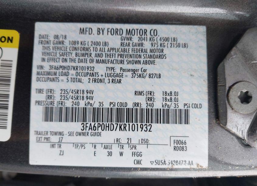 Photo 9 of 2019 Ford Fusion SE (VIN 3FA6P0HD7KR101932)