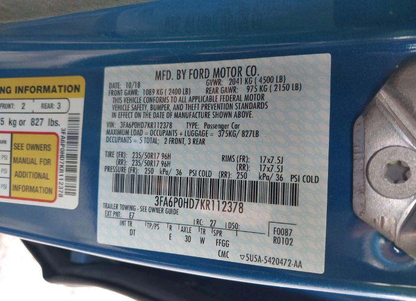 Photo 9 of 2019 Ford Fusion SE (VIN 3FA6P0HD7KR112378)