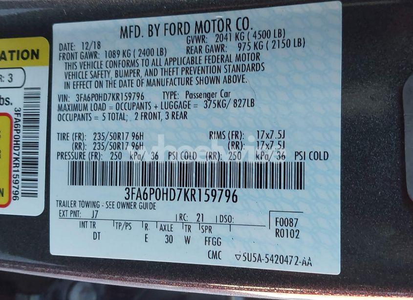 Photo 9 of 2019 Ford Fusion SE (VIN 3FA6P0HD7KR159796)