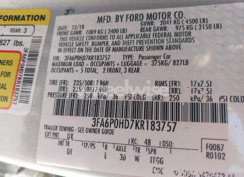 Photo 9 of 2019 Ford Fusion SE (VIN 3FA6P0HD7KR183757)