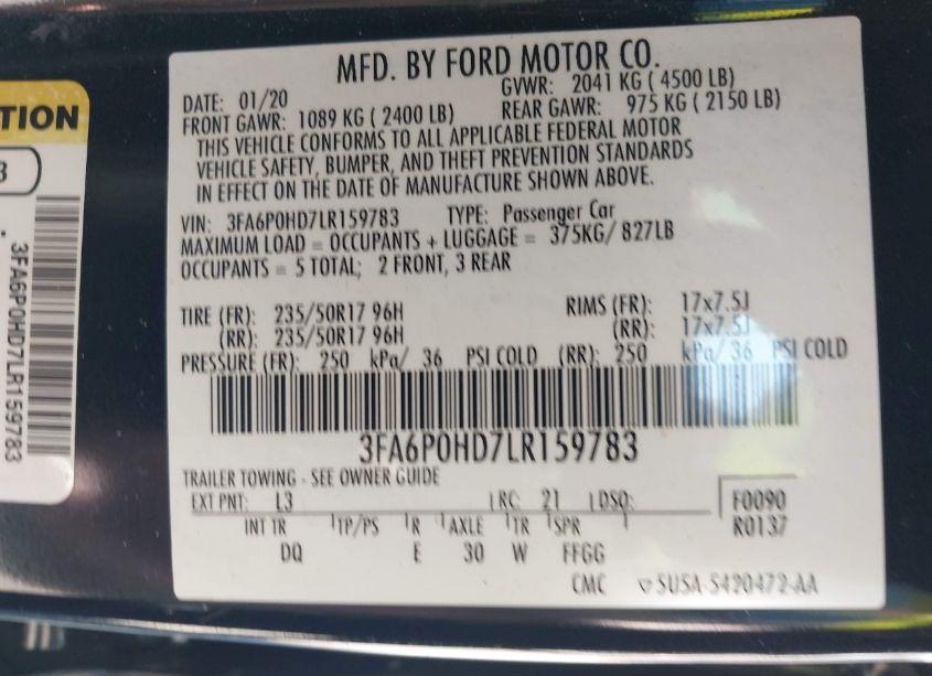 Photo 9 of 2020 Ford Fusion SE (VIN 3FA6P0HD7LR159783)